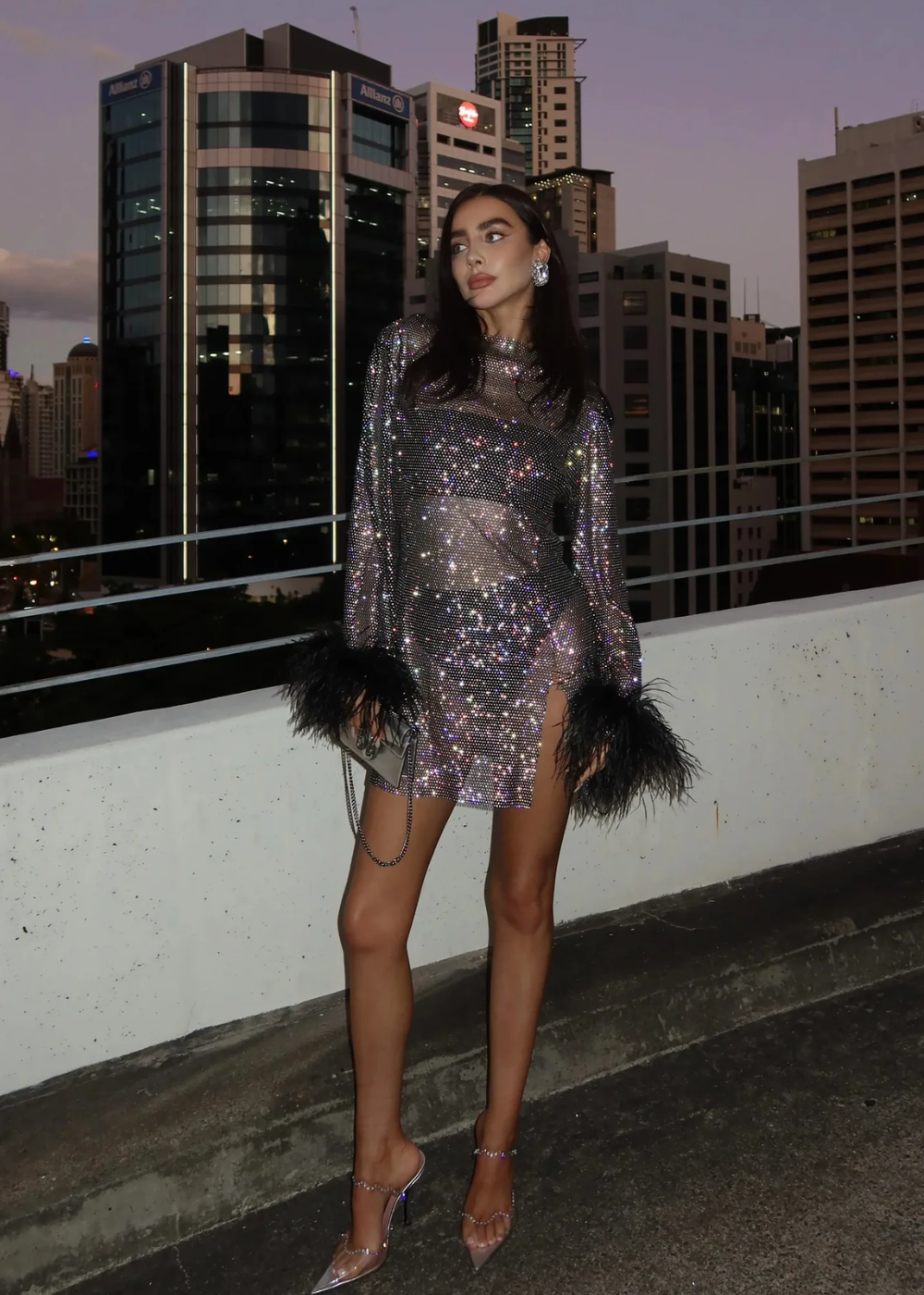 Odessa Metallic Sheer Cuff Feather Mini Dress